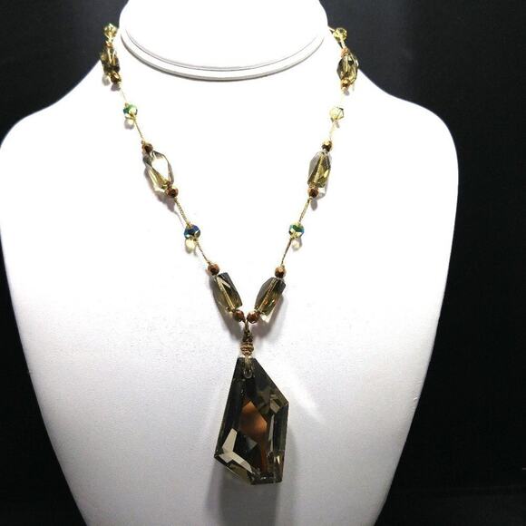 Vintage Smoky Topaz Glass Pendant Necklace Gold Tone Faceted Beads 20 Inch - Picture 1 of 8